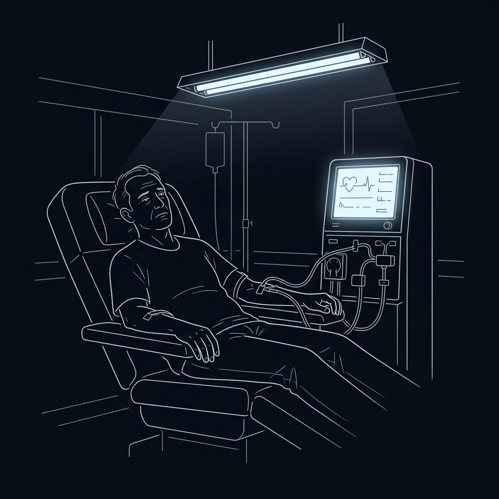 Patient in a dialysis chair, connected to a hemodialysis machine under fluorescent light